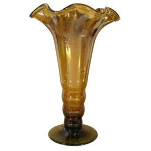 Scalloped Bubble Glass Amber Flower Vase Trumpet Beaded Stem 12" Tall 7.5" Wide